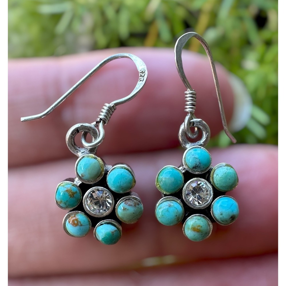 VTG Artisan Earrings Hook Dangle 1.1 Inch Turquoise Rhinestone 925 Sterling 3.7g